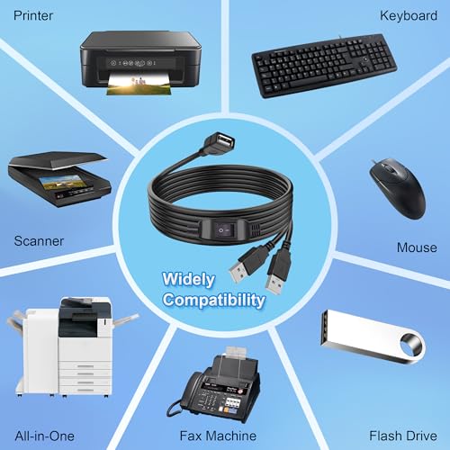 USB Splitter 1 in 2 Out, Printer Cable Splitter for Two Computers, Dual USB Male to Female Compatible Printer, Scanner or Other Devices