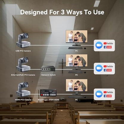 Tenveo 4K PTZ Camera, AI Humanoid & Face Auto-Tracking, 20X Optical + 8X Digital Zoom, USB3.0/HDMI/LAN PoE IP Live Streaming for Church Worship Broadcast Events Video Conference YouTube OBS - color: Silver