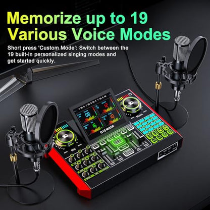 tenlamp G10 Dual Microphone Podcast Equipment Bundle with Live Sound Board Audio Mixer - Two Condenser Mics, Voice Changer, Noise Reduction, for PC/Phone Streaming, Gaming, Singing, Podcast