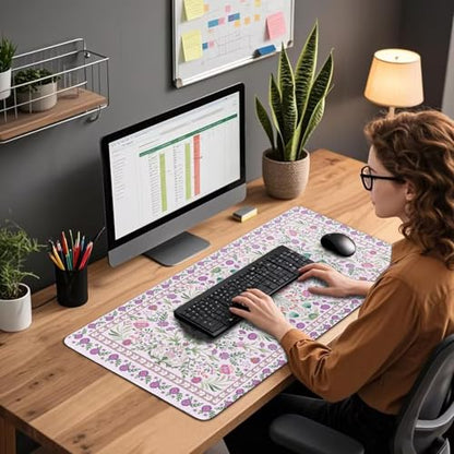 Purple Floral Desk Mat, 31.5"x15.7" Large Mouse Pad, Anti-Slip Rubber Base Keyboard Pad with Stitched Edges, Water-Resistant Smooth Desk Blotter, Computer Mat for Home Office Desk - color: Purple Floral