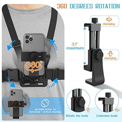 Phone Chest Strap Mount for POV/VLOG Videos, Chest Harness Holder Compatible with iPhone 13 12 11Pro Max Plus,Samsung,GoPro Hero 9, 8, 7, 6,AKASO,Action Camera and Cell Phone Video Shoot Accessories 1