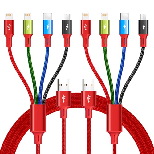 Multi USB Charging Cable 4A, 4-in-1 Braided Charging Cord, Multi Charger Cord, Multiple USB Cable with IP/USB C/Micro Ports Adapter for Cell Phones/iPhone/Tablets/Samsung/Pixel/PS More (2Pack/4Ft) - color: Red