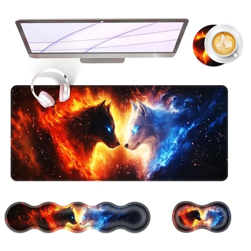 Large Keyboard Mouse Pad Set, Extended Mouse Pad+Keyboard Wrist Rest Support, Memory Foam Ergonomic Easy Typing, 4Pcs (31.5×11.8 in) Desk Pad Set for Office Home,Cool Wolves - color: Cool Wolves