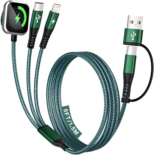 2026 Travel Essentials for Apple Watch Charger, Cruise Vacation Camping Essentials, 3 in 2 Charging Cable for Multiple Devices, iWatch Charger/Type-C/L Cord for iWatch 11-2/iPhone 17-11/Car, 5FT - color: Green_1, size: 1PCS&5FT