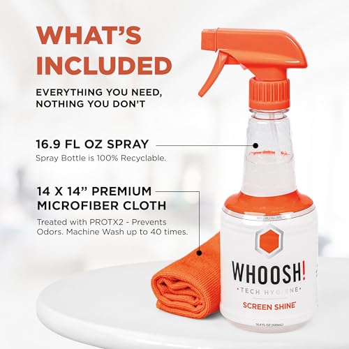 WHOOSH! Pro 16.9 fl oz Refillable TV Screen Cleaner & Microfiber Cloth - Streak-Free Cleaner for Flat Screens, OLED, LCD, Smart TV, Monitors - Non-Toxic, Odorless - Electronics Cleaning Kit - size: 16.9 Fl Oz (Pack of 1)