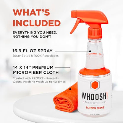 WHOOSH! Pro 16.9 fl oz Refillable TV Screen Cleaner & Microfiber Cloth - Streak-Free Cleaner for Flat Screens, OLED, LCD, Smart TV, Monitors - Non-Toxic, Odorless - Electronics Cleaning Kit - size: 16.9 Fl Oz (Pack of 1)