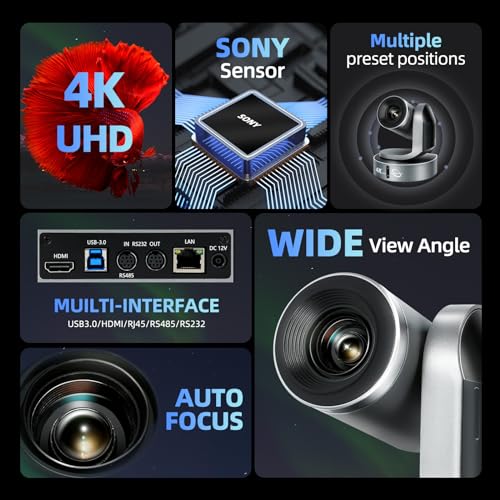 4K Conference Room Camera,PTZ Camera 20X Optical Zoom with IP/USB3.0/HDMI/RS232/RS485 for IP Live Streaming Video Conference and Church Education
