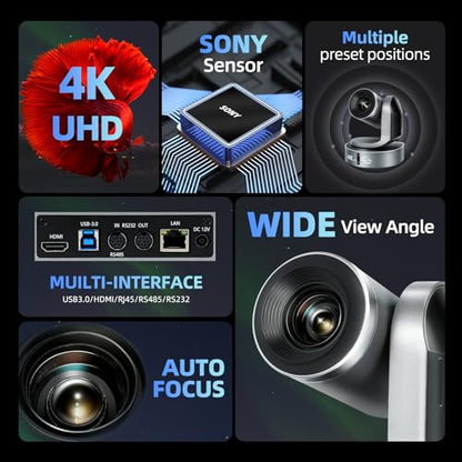 4K Conference Room Camera,PTZ Camera 20X Optical Zoom with IP/USB3.0/HDMI/RS232/RS485 for IP Live Streaming Video Conference and Church Education