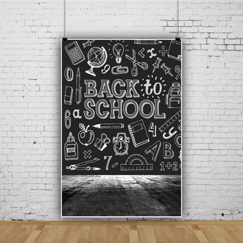 Laeacco Black Back to School Backdrop for Photography 8x10ft | Math Theme Blackboard Backdrop Grunge Floor Chalk Drawings Background Online Teaching Course Back to School Decor Banner - size: 8x10ft