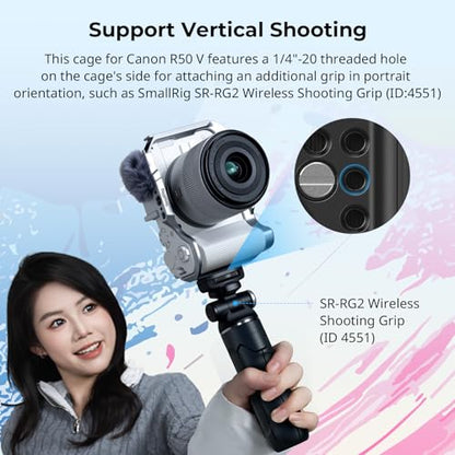 SmallRig R50 V Camera Cage for Canon R50V, Built-in Ergonomic Silicone Grip, QR Plate for Arca, 1/4"-20 Threaded Hole, 3/8"-16 Holes for ARRI, Cold Shoe, QD Sockets, Vertical Shooting(Silver)-5428 - color: Silver