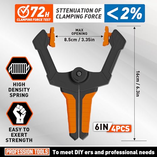 AMARTISAN 6 inch Spring Clamps Heavy Duty, 4-Pack Large Clamps for Woodworking Work, Fixing Backgrounds, and Photography DIY, Among Others. 3.35 Inch Mouth Opening. - style: 6" Pack of 4