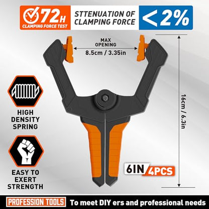 AMARTISAN 6 inch Spring Clamps Heavy Duty, 4-Pack Large Clamps for Woodworking Work, Fixing Backgrounds, and Photography DIY, Among Others. 3.35 Inch Mouth Opening. - style: 6" Pack of 4