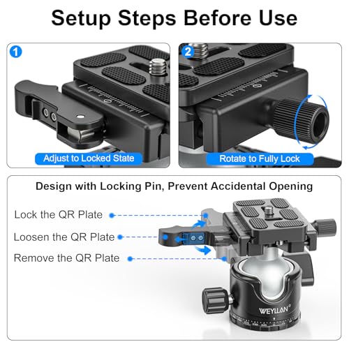 WEYLLAN EH36L Lever Ball Head with Stainless Steel Lock Pin, 36mm Low Profile Heavy Duty Tripod Ball Head Mount with Arca Swiss Quick Release Plate for Tripod Monopod DSLR Camera Camcorder Telescope - size: 36mm Ball