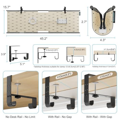No Drill Under Desk Cable Management Tray, 45.2" Felt Cord Organizer | Convertible Cable Tray & Privacy Panel, Clamp or Screw Mount, Pegboard Wire Management, Dual-Layer Felt, Standing Desk