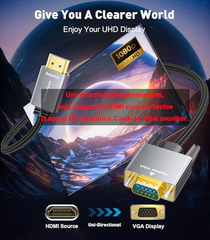 HDMI to VGA Adapter Cable 6FT [Metal Case, Nylon Cable] 1080P@60Hz HDMI Male to VGA Male Uni-Directional Braided Cord for Computer, Laptop, Monitor, Roku, Xbox, Graphics Card More - size: 6FT