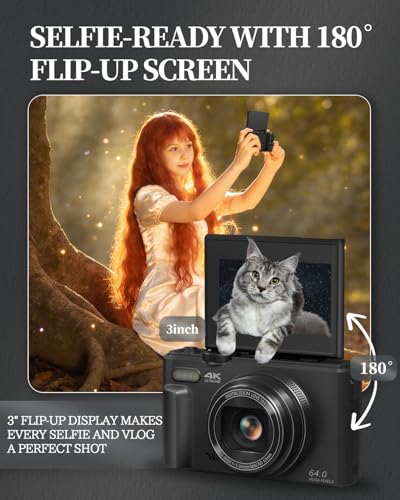 4K Digital Camera for Beginners & Teens, Autofocus Vlogging Camera with 180° Flip Screen, 18X Zoom, Easy-to-Use Compact Travel Camera, WiFi, 2 Batteries, 32GB Card - color: Black