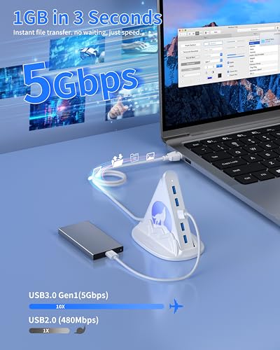 USB Hub 3.0, 7-Port USB Hub with RGB Night Light and Base, Vertical USB a Splitter for Desktop,Laptop, MacBook, Game Console, Flash Drive, XPS, PC, Printer, Camera, Keyboard（White+Base） - color: white
