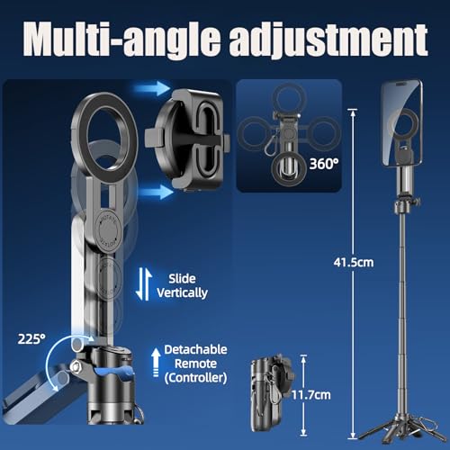 4 in 1 Magnetic Tripod Pocket Selfie Stick Extends to 1.5ft (47.5cm) Cell Phone Stand Portable Camera Grip Handle with Wireless Detachable Remote Control for Photograph/Live Streaming/Video
