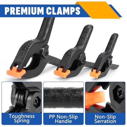 12 Pack Plastic Spring Clamps Set, 3 Sizes of Spring Clips 3.5 Inch, 4.5 Inch, 6 Inch Set, Black Heavy Duty Clips, Backdrop Clips, Woodworking Clamps, Plastic Clamps for Woodworking,Photography - size: 3.5in,4.5in,6in-12P