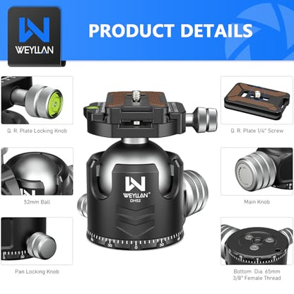 Low Profile Ball Head 52mm Tripod Head WEYLLAN DH52 Camera Head Mount, CNC Heavy Duty Ball Head with Two 1/4" Quick Release Plates, Panoramic Ballhead for Tripod, Monopod, DSLR, Max Load 66lbs /30kg - size: 52mm