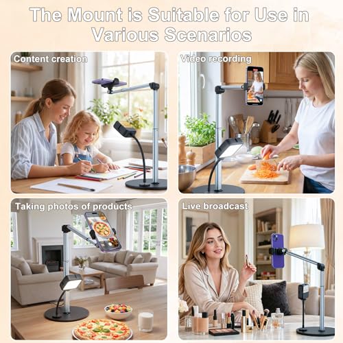 Overhead Phone Mount with Rechargeable & Gooseneck Light for Cooking Videos, Adjustable Desk Stand for Content Creators, Tripod for Hands-Free Video Recording, Compatible with Smart Phones