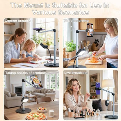 Overhead Phone Mount with Rechargeable & Gooseneck Light for Cooking Videos, Adjustable Desk Stand for Content Creators, Tripod for Hands-Free Video Recording, Compatible with Smart Phones