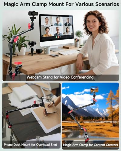 22" Magic Arm w Clamp Mount, Overhead Desk Phone Mount Stand, Adjustable Articulating Friction Camera Boom Arm w 1/4" Thread for Phone Video Light Webcam Action Camera Tripod Mic - size: 22IN-RB