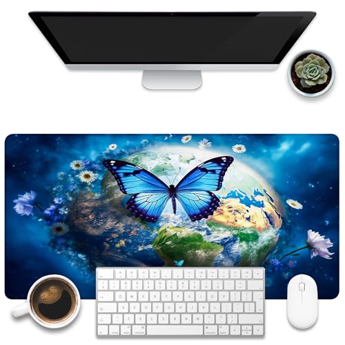 Desk Mat, Earth Surrounded by Flowers Desk Pad, Blue Butterfly Large Gaming Mouse Pad, 31.5"x15.7", Extended Big Computer Keyboard Mouse Pad with Non-Slip Base and Stitched Edge - color: Earth Surrounded By Flowers