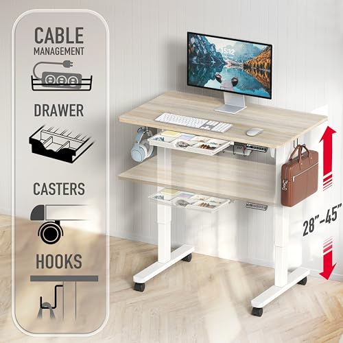 SHW 40-Inch Mobile Electric Height Adjustable Sit to Stand Desk with Drawer, Hanging Hooks and Cable Management, Maple - color: Maple