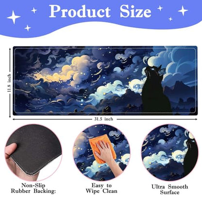 Cat Lover Gifts,Starry Night Cat Mouse Pad,Desk Matt for Desktop,Cute Desk Pad Mat,Large Mouse Pad,Big Mousepad with Stitched Edges,Clouds Deskmat,Keyboard Pad Mouse Mat for Computer,Work,Gaming - color: nightcat