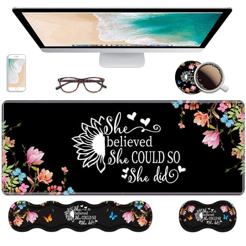 Ergonomic Keyboard Wrist Rest & Mouse Pad Wrist Rest Set, Large Gaming Desk Mat 31.5"x 11.8" with Memory Foam, Easy Typing Pain Relief for Home & Office, Floral Quote She Believed She Could So She Did - color: Floral Quote She Believed She Could So She Di