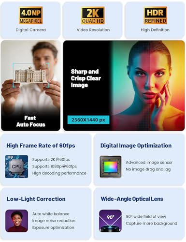 Pro QHD 2K/60fps Webcam with Tripod, External USB-C Camera for PC/Laptop | Dual noise-cancelling mics | Auto-focus | Wide-angle | Low-light correction | 360° rotation | CMOS sensor | Plug and Play - style: 2K | 60fps | USB-C Cable | Tripod Included