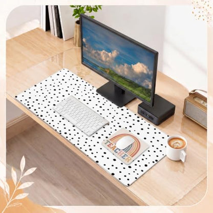 Eaasty 2 Pcs Teacher Desk Decor Large Polka Dot Desk Mat and Boho Rainbow Mouse Pad, 32x16'' Non Slip Rubber Base Computer Desks Mat for Back to School Gift Classroom Office Teacher Must Have