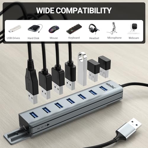 atolla 7-Port Mountable USB 3.0 Hub with Removable Sliding Rails - High-Speed Data Splitter for Desk Organization & Stable Connection, Compatible with MacBook, Laptop, PS4, PC