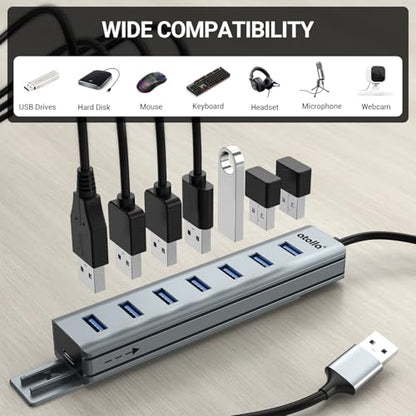 atolla 7-Port Mountable USB 3.0 Hub with Removable Sliding Rails - High-Speed Data Splitter for Desk Organization & Stable Connection, Compatible with MacBook, Laptop, PS4, PC