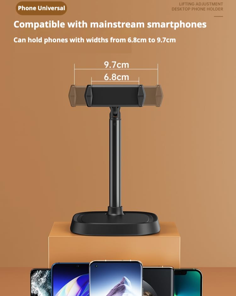 Height Adjustable Phone Stand for Desk, Retractable Desktop Phone Holder, 180° Flip & 360° Rotation Design，Compatible with iPhone/Android Devices,Ideal for Live Streaming and Video Recording (White)