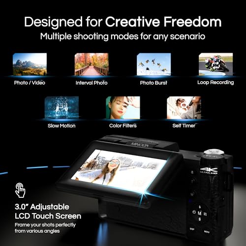 Minolta 64MP 4K60FPS VLOG Camera Kit – Digital Autofocus Camcorder with Tripod, Remote, Mic, LED Light, 3-inch LCD Screen, Time-Lapse, Slow Motion, Wide Angle Lens, 32GB Card, USB