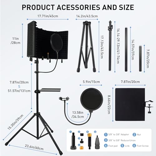 5-Sided Isolation Shield Microphone Stand, Studio-Grade Soundproof Booth with Pop Filter & High-Density Foam, Adjustable Tripod for Home music studio, Podcasting Mic Stand with Pop Filter