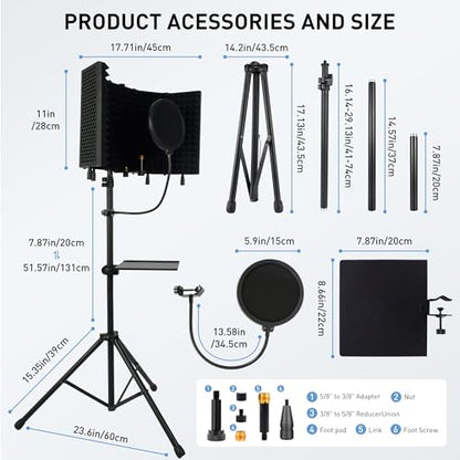 5-Sided Isolation Shield Microphone Stand, Studio-Grade Soundproof Booth with Pop Filter & High-Density Foam, Adjustable Tripod for Home music studio, Podcasting Mic Stand with Pop Filter