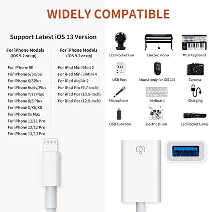Lightning to USB Camera Adapter Apple MFi Certified Lightning Female USB 3.0 OTG Cable Adapter Compatible with iPhone/iPad, Supports Connect Camera, Card Reader, USB Flash Drive, MIDI Keyboard, Mouse - size: OTG to Lightning