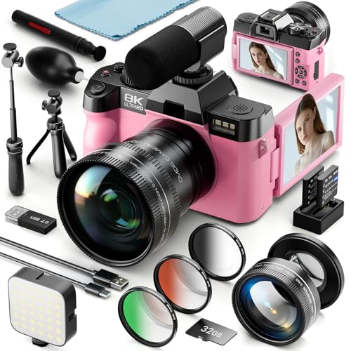 8K Digital Cameras for Photography, 64MP Vlogging Camera with 180°Flip Screen，2 Batteries, 32GB TF Card，16X Zoom, WiFi, 3 Color Filters,Microphone, Tripod, Wide & Macro Lens Kit (Pink) - color: Pink