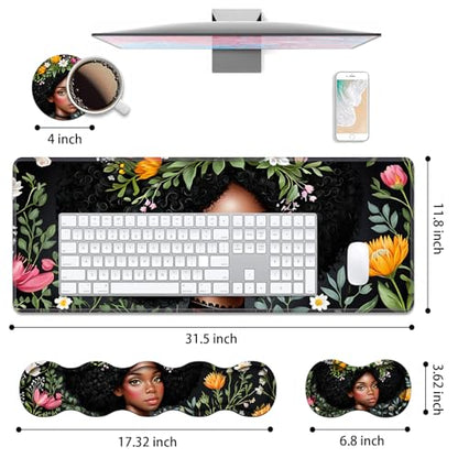 4 in 1 Ergonomic Keyboard Wrist Rest & Mouse Pad Wrist Rest Set, Large XXL Gaming Desk Mat 31.5"x 11.8" with Non-Slip Base, Memory Foam for Home Office Study Gaming, American Black Girl - color: American Black Girl