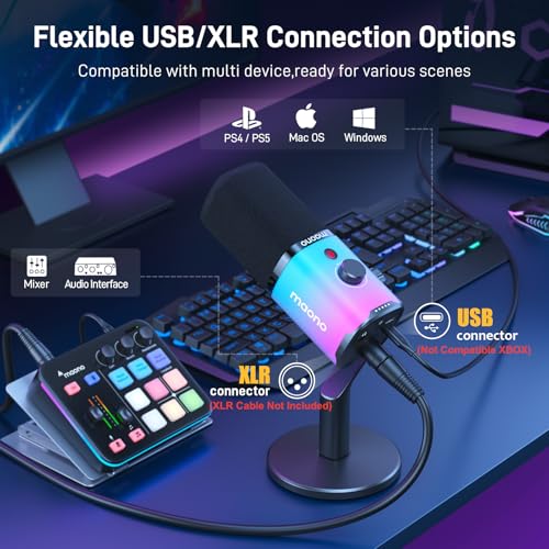 MAONO USB/XLR Podcasting Microphone for PC, Gaming Streaming Dynamic Mic with Mute Button, Software-RGB, Desktop Stand,Computer Mic for Video Studio Recording-PD100X,RGB