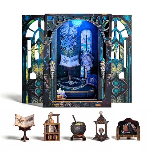 DIY Book Nook Kit Miniature Dollhouse with LED Light, 3D Wooden Bookshelf Insert Reading Corner Bookshop, Mini Library Model Building Kit for Adults Teens, Book Nook Shelf Decor Gift for Book Lovers - style: Mystic Library