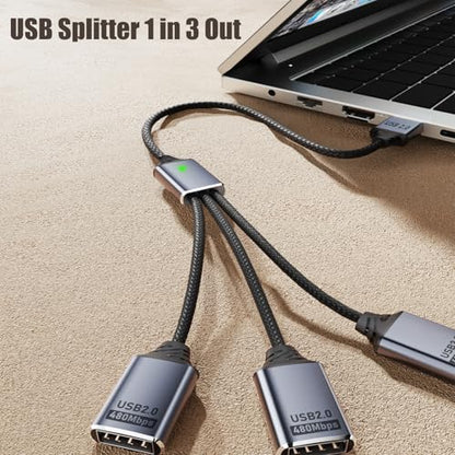 USB Splitter 1 in 3 Out,USB2.0 Male to 3 Female Y Extension Hub Cable,Black | for Car,Mac,Xbox,Laptop,Tablet,Smartphone Data Transmission
