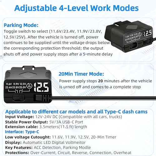 OBD2 to USB C Power Cable for Dash Cam, Plug and Play Dashcam Hardwire Kit with LED Voltmeter, 4-Level Low Voltage Protection (11.6V/11.9V/12.5V/20min), 12V-24V to 5V/3A for Parking Mode, 11.5ft/3.5M