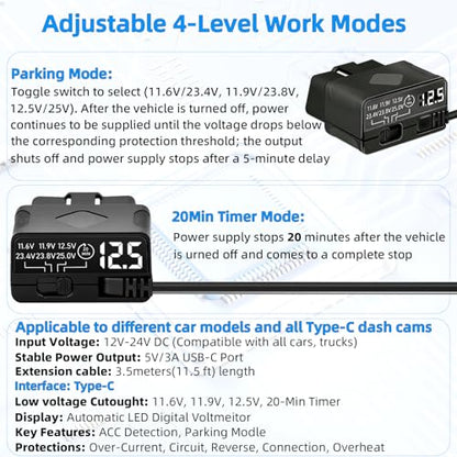 OBD2 to USB C Power Cable for Dash Cam, Plug and Play Dashcam Hardwire Kit with LED Voltmeter, 4-Level Low Voltage Protection (11.6V/11.9V/12.5V/20min), 12V-24V to 5V/3A for Parking Mode, 11.5ft/3.5M