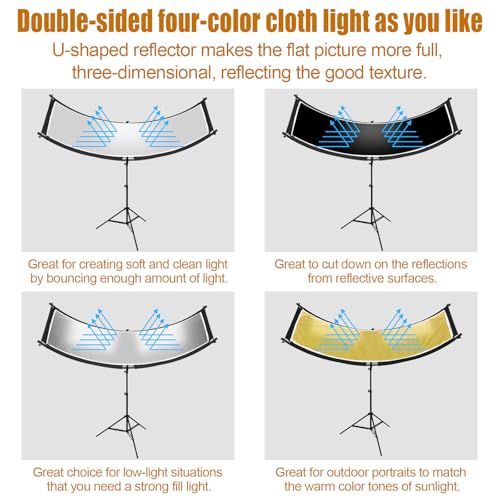 Clamshell Light Reflector Diffuser with Stand and Carrying Bag, 70"x24"/180x60cm Arclight Curved Lighting Reflector for Photo Studio Photography with White/Gold/Silver/Black Colors by MCCKLE
