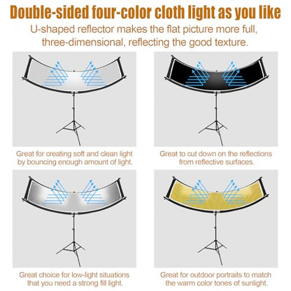 Clamshell Light Reflector Diffuser with Stand and Carrying Bag, 70"x24"/180x60cm Arclight Curved Lighting Reflector for Photo Studio Photography with White/Gold/Silver/Black Colors by MCCKLE