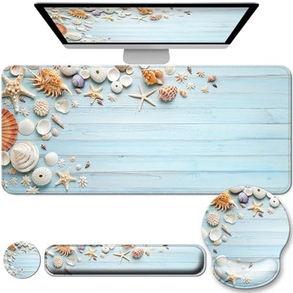 Desk Mat Set + Keyboard and Mouse Pad with Wrist Rest Support,4-in-1 Large Mousepad Computer Mats for Desktop Home & Office-Blue Shells - color: I-Blue Seashell